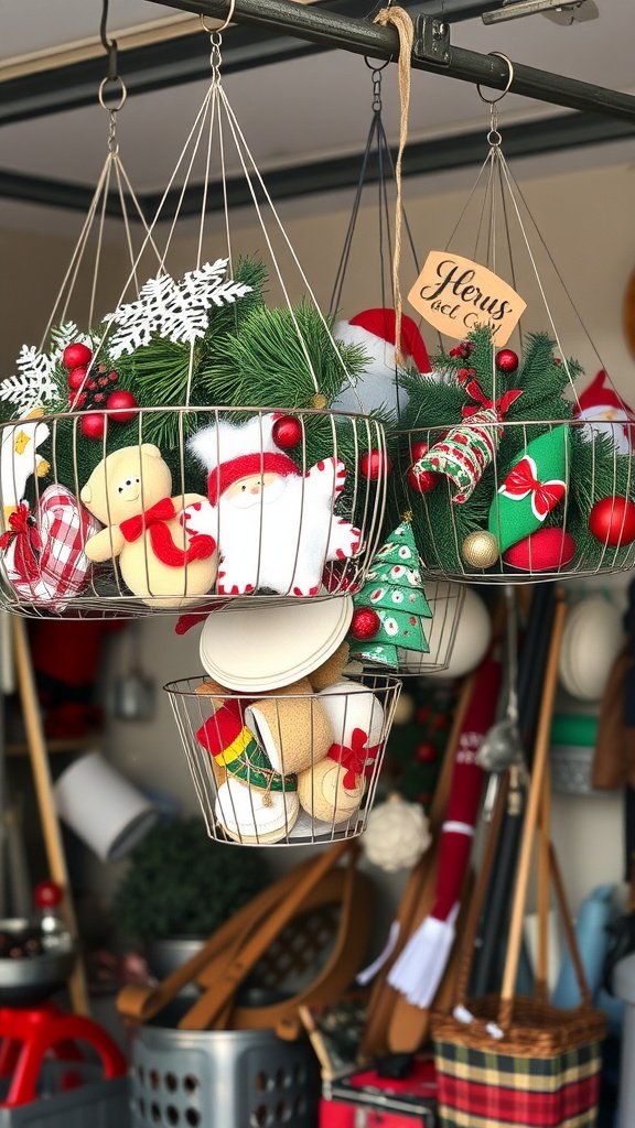 Colorful seasonal decorations stored in hanging wire baskets in a garage.