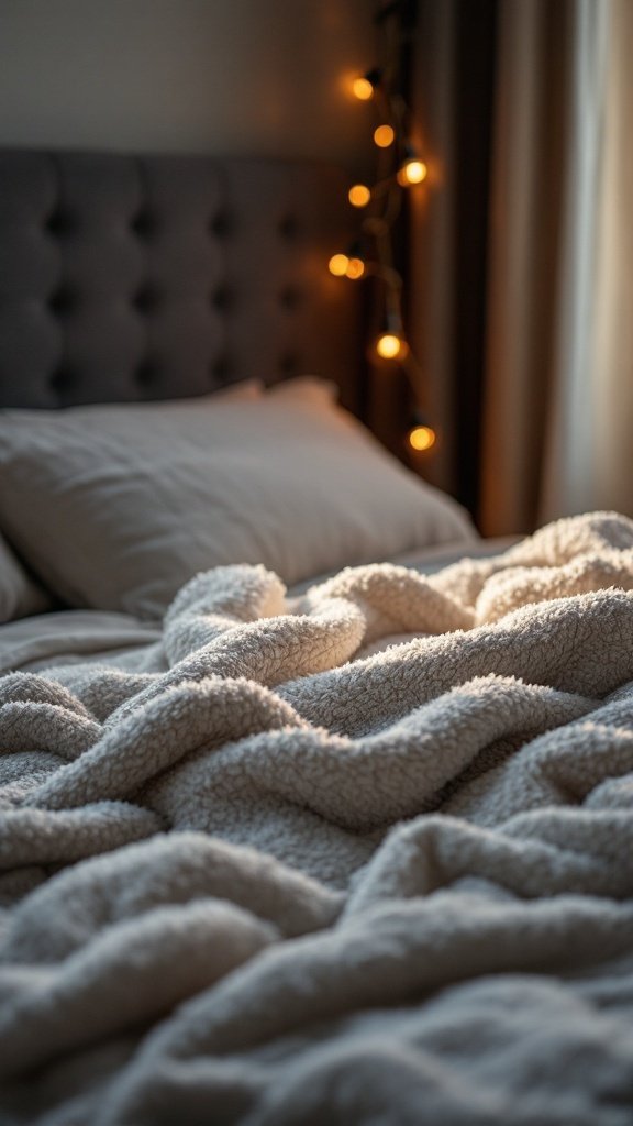 A cozy bed with a soft, textured blanket and decorative lights in the background.