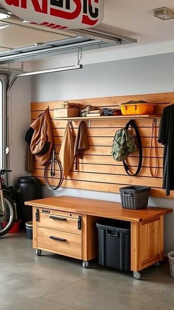 Wooden bench with storage compartments in a garage