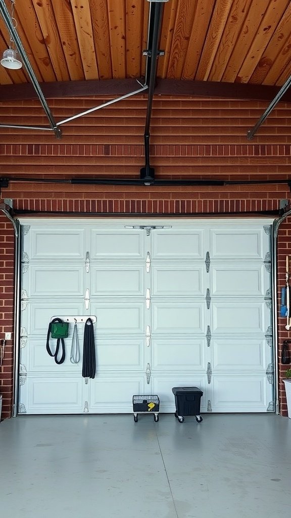 An insulated garage door with storage shelves and organizational items