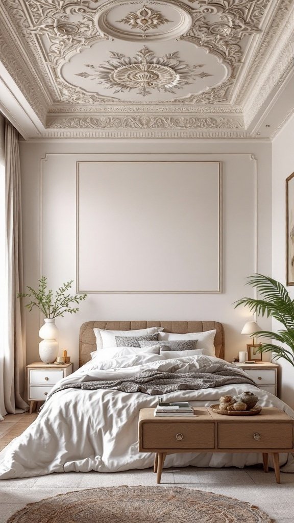 A cozy bedroom featuring an intricate, ornate ceiling design.