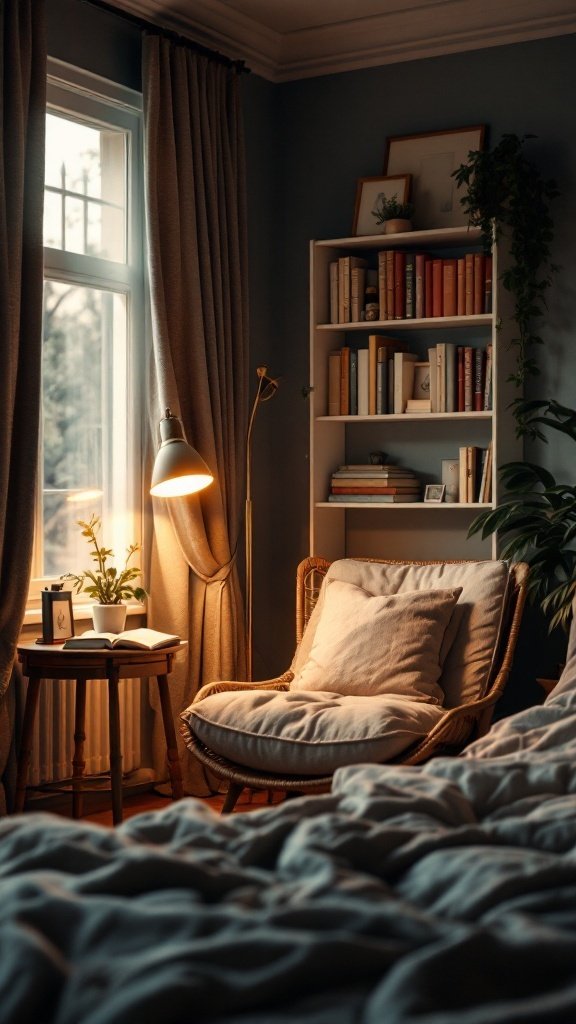 A cozy reading nook with a soft chair, bookshelves, and warm lighting