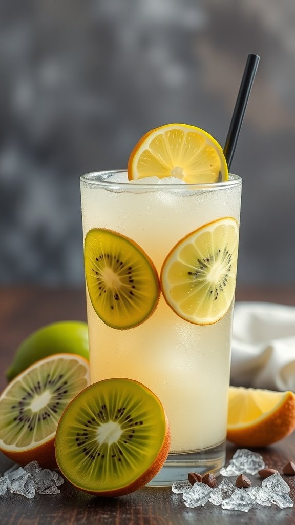 A refreshing kiwi lime cooler mocktail in a glass with slices of kiwi and lime.