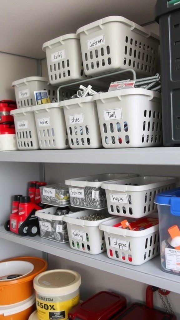 Shelves with labeled baskets for organized garage storage
