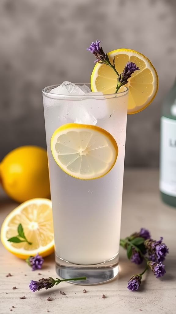 A refreshing Lavender Lemon Spritz with lemon slices and lavender sprigs.