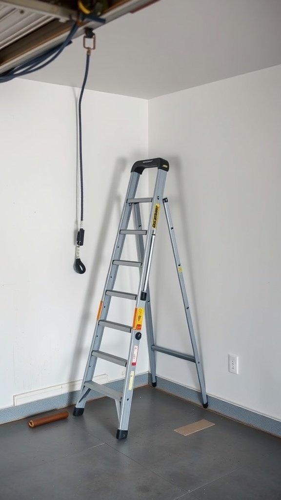 A lightweight folding ladder stored against a clean garage wall, showcasing efficient use of space.