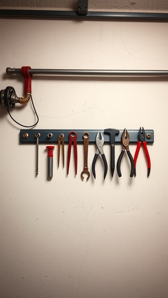 Magnetic strips holding various small metal tools organized on a wall