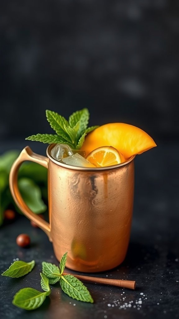 A refreshing Mango Mule Mocktail served in a copper mug with mint leaves and a slice of mango