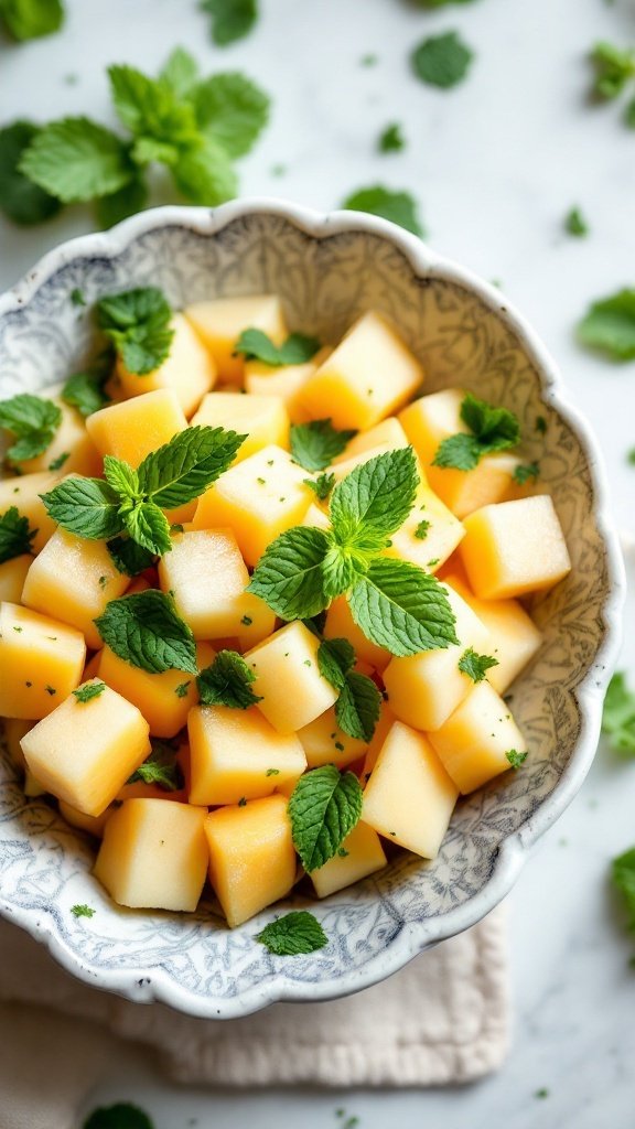 A bowl of diced melon topped with fresh mint leaves