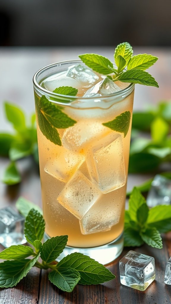 A refreshing Minty Green Tea Cooler with mint leaves and ice