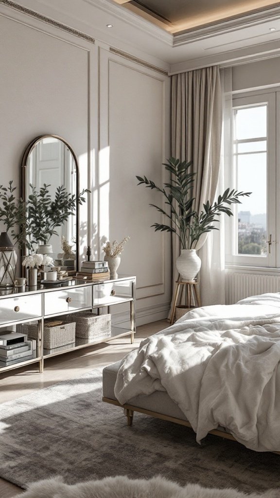 Cozy bedroom with mirrored accents and light decor.