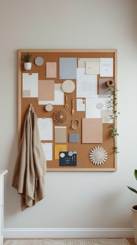 A corkboard filled with various design inspirations and textures for a cozy bedroom.