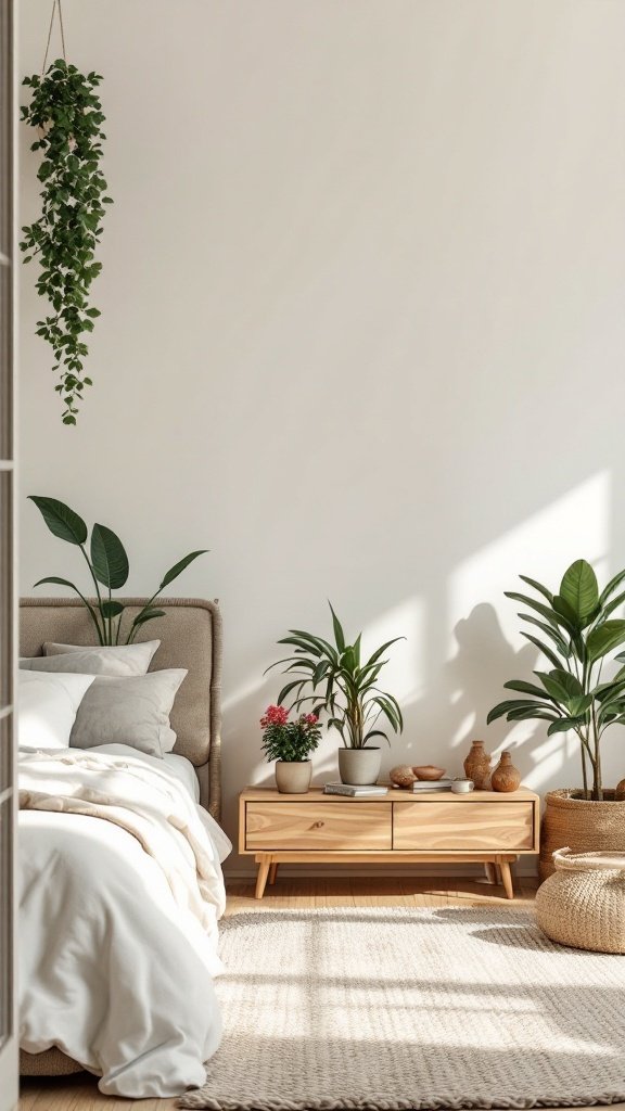 Cozy bedroom with plants, natural materials, and warm lighting.