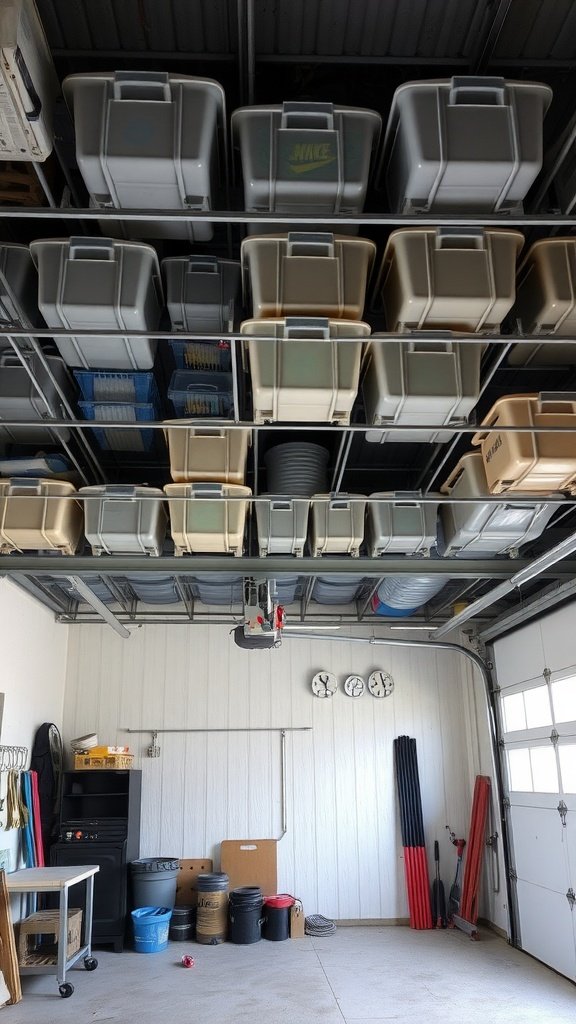 Overhead storage racks filled with bins in a garage