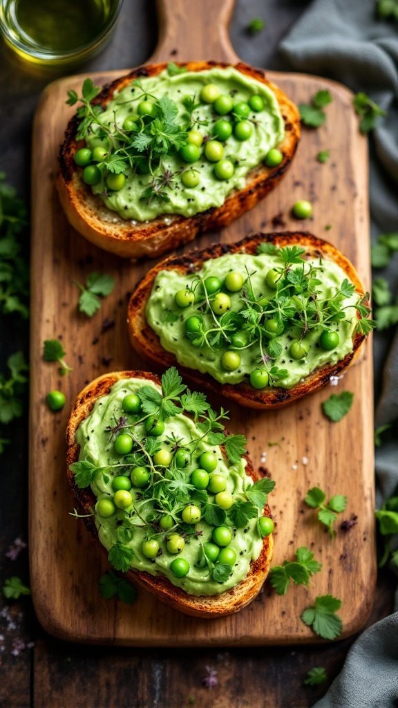 Three slices of toasted bread topped with green pea and mint spread, garnished with fresh herbs.