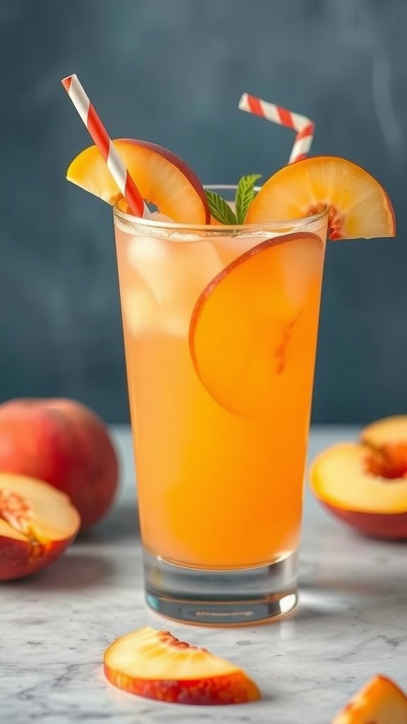 A refreshing Peachy Keen Punch mocktail with peaches and mint