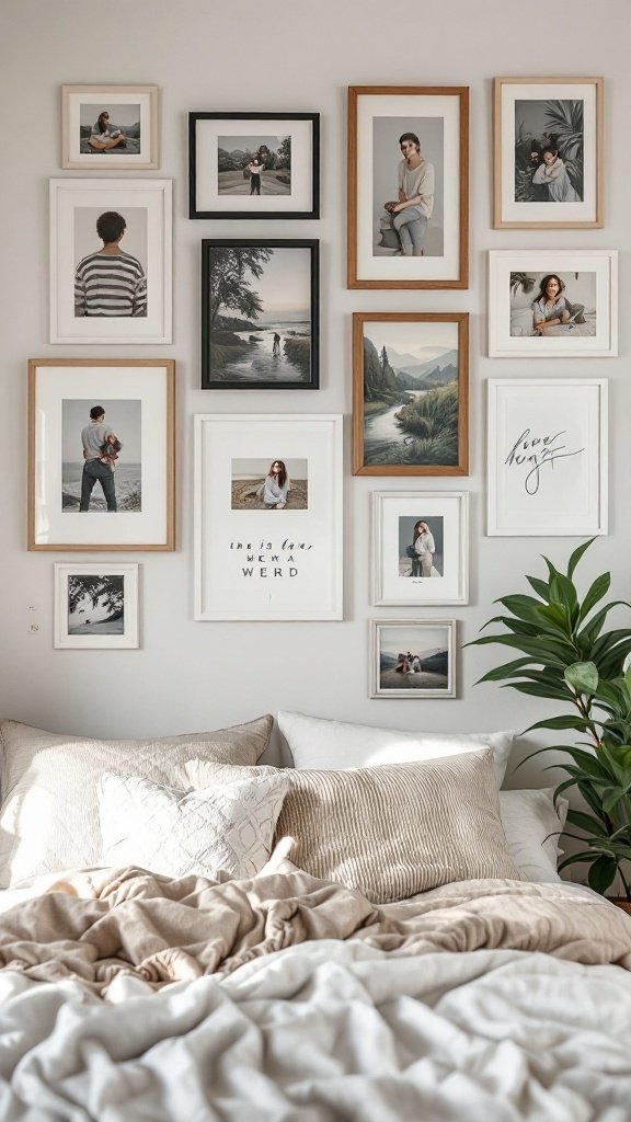 A cozy bedroom with a wall art display featuring various framed photographs and illustrations.