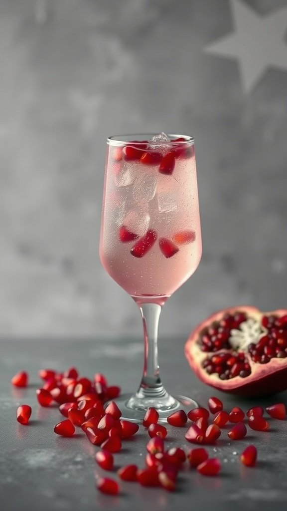A refreshing glass of Pomegranate Sparkle mocktail with pomegranate seeds and ice.
