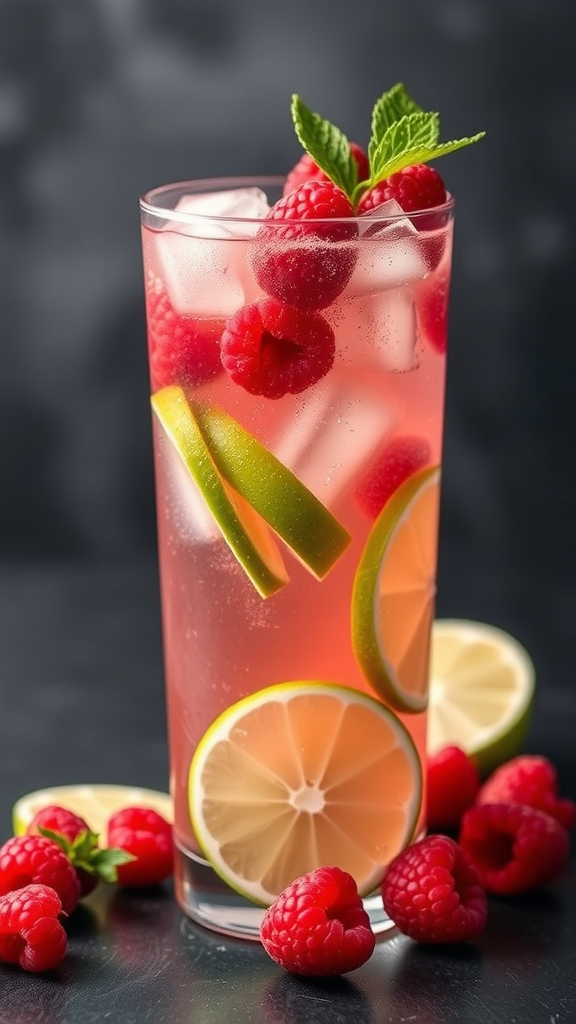 A refreshing Raspberry Lime Rickey mocktail served in a tall glass with raspberries and lime garnishes