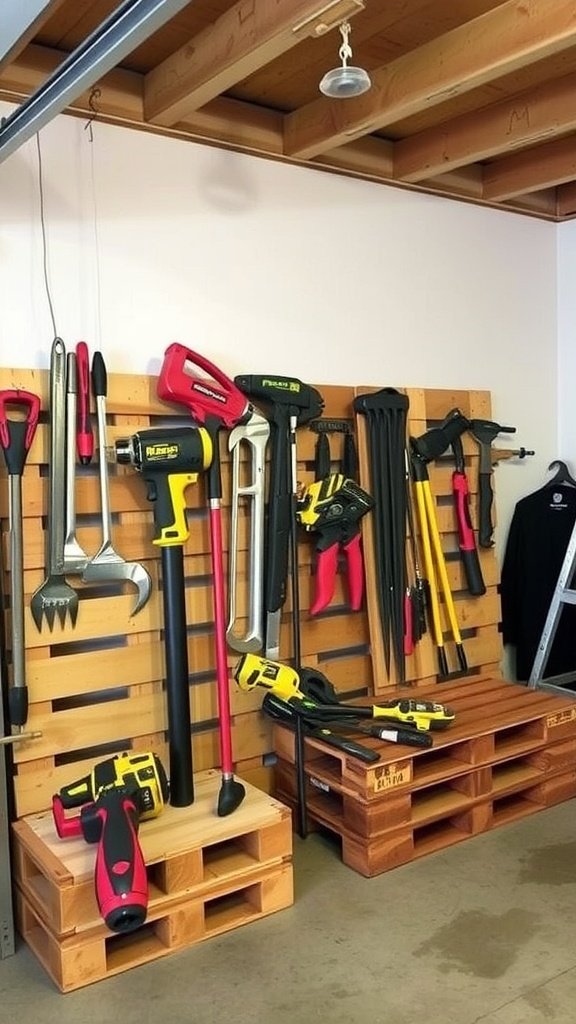 A garage showcasing a wooden pallet storage solution with various tools organized on and around it.