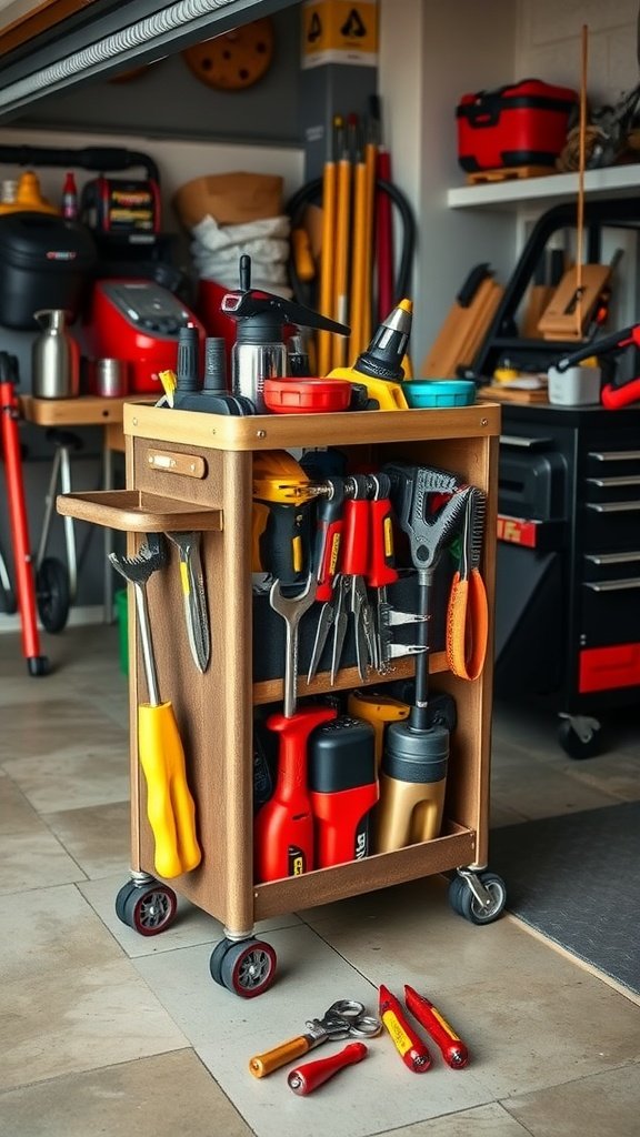 Rolling tool cart with various tools in a garage setting