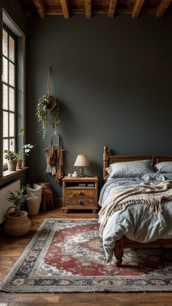 Cozy bedroom with rustic elements, featuring a wooden bed, plants, and a vintage rug.