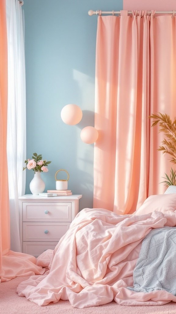 A cozy bedroom with soft peach curtains, light blue walls, and a comfy bed.