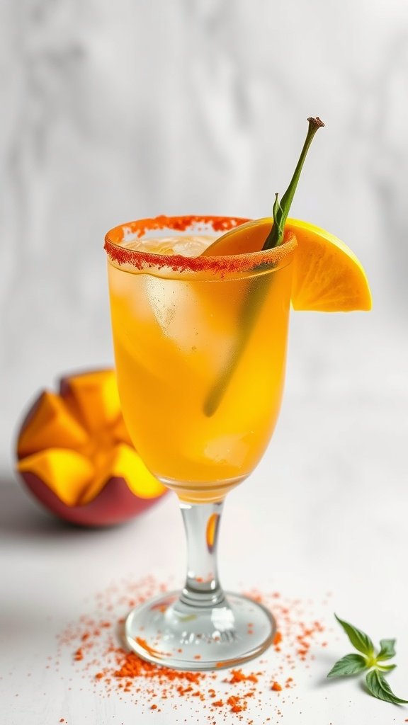 A refreshing Spicy Mango Cooler mocktail with a chili rim, garnished with mango slices.