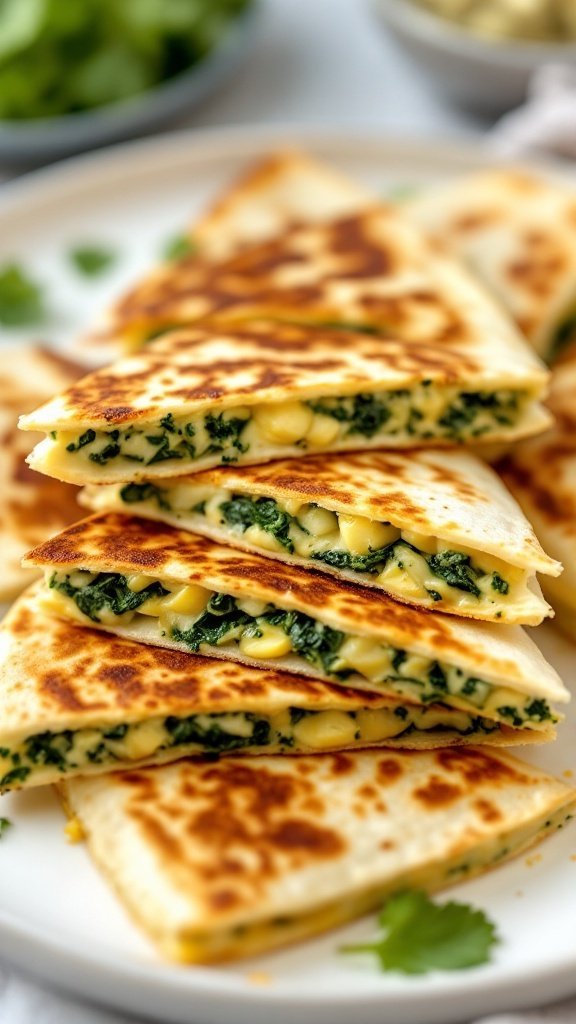 A plate of golden brown spinach and artichoke quesadillas stacked and cut into triangles