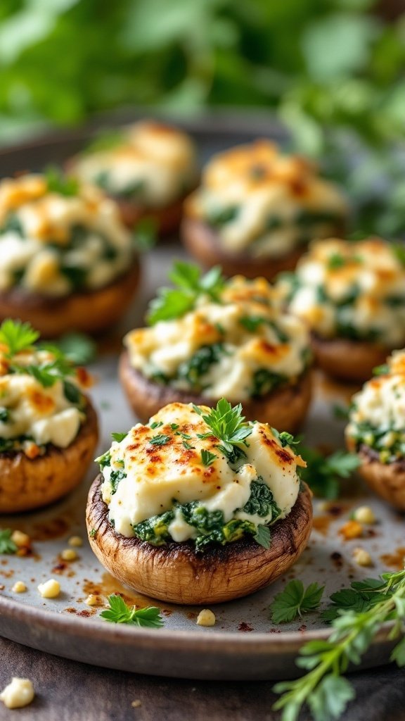 Spinach and feta stuffed mushrooms on a plate with herbs