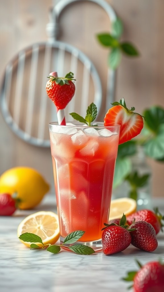 A vibrant glass of strawberry lemonade slush garnished with mint and strawberries.