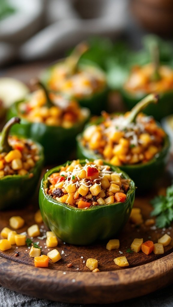 Stuffed poblano peppers filled with diced vegetables on a wooden platter