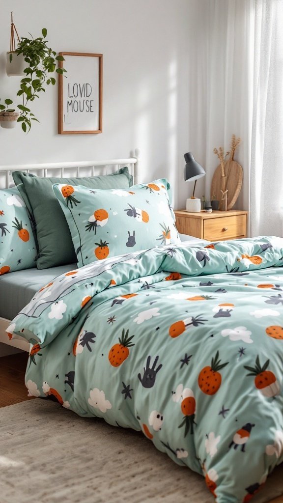A cozy bedroom with a themed bedding set featuring playful animal and fruit designs.