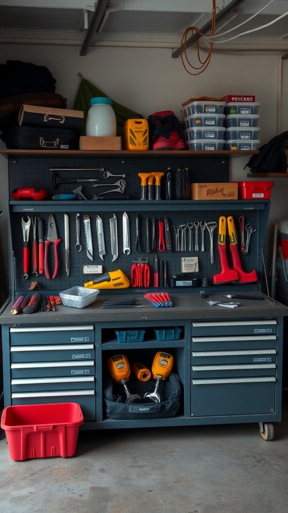 Organized tool chest with various tools neatly arranged on a pegboard and in drawers.