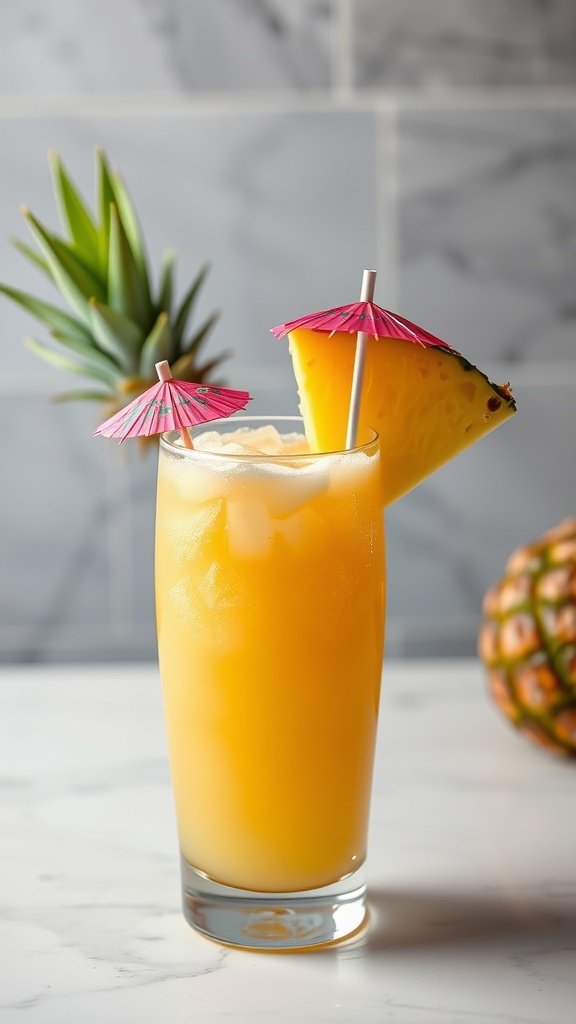 A refreshing Tropical Pineapple Cooler with a slice of pineapple and pink umbrella garnishes.