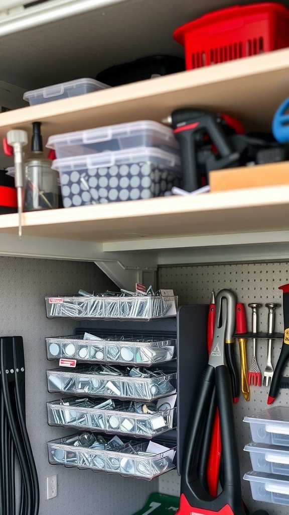 Organized garage shelf with clear storage bins and tools