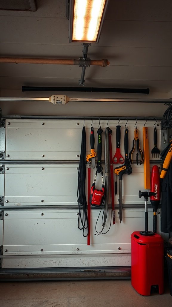 Organized garage door space with tools hanging on hooks.