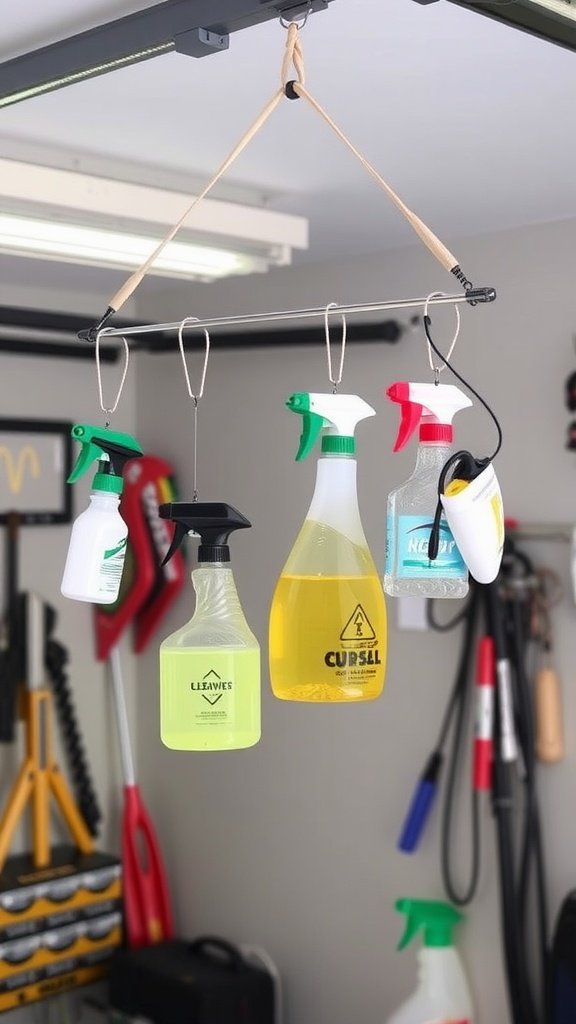Hanging cleaning supplies from a tension rod in a garage.