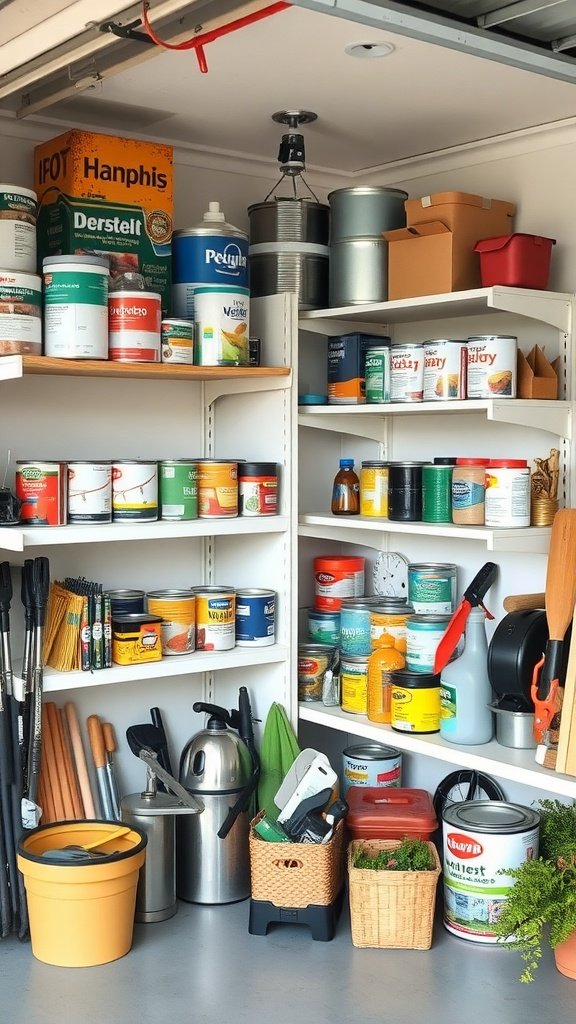 A well-organized corner shelf in a garage filled with paint cans and tools