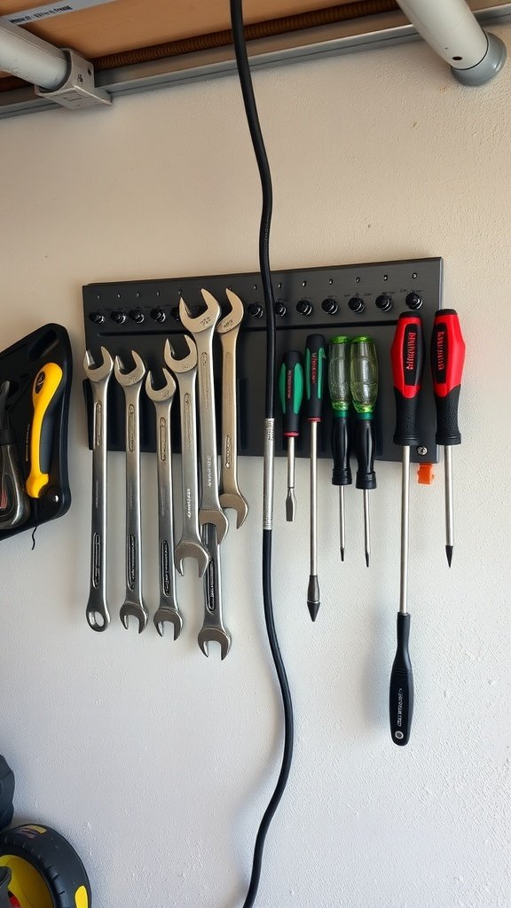 Magnetic tool holder with various tools organized neatly.