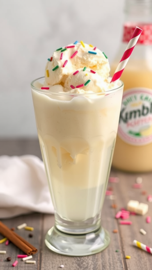 A delicious Vanilla Cream Soda Float topped with whipped cream and colorful sprinkles in a tall glass.