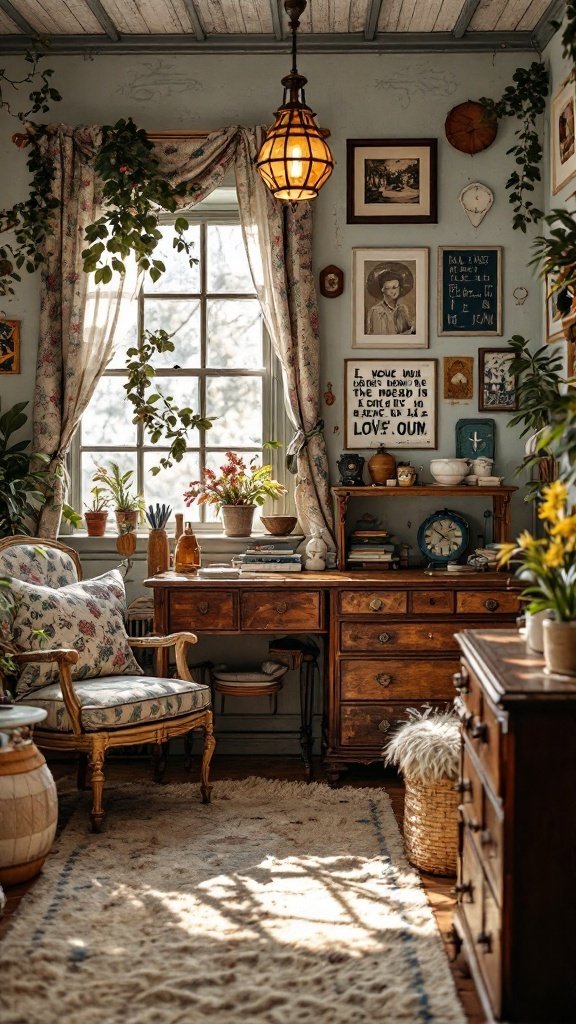 Cozy vintage bedroom decor with plants and antique furniture.