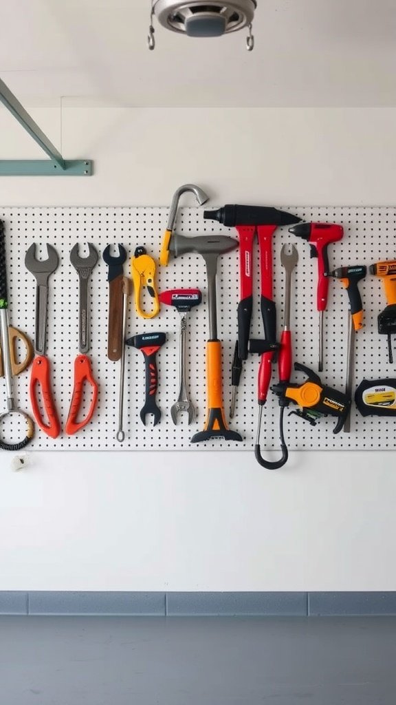 A wall-mounted pegboard with various tools organized neatly.