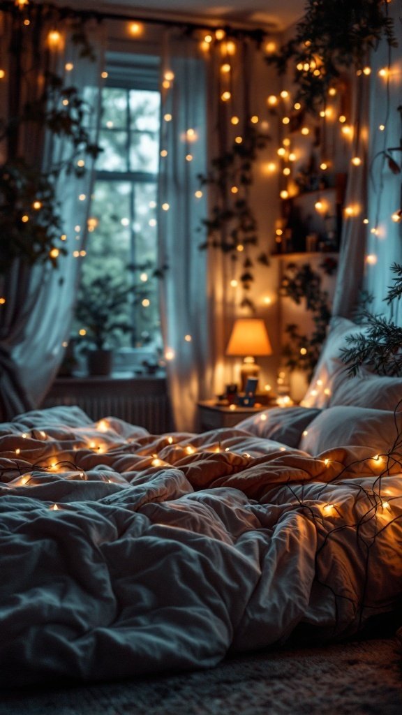 A cozy bedroom with warm lighting from string lights and a bedside lamp.