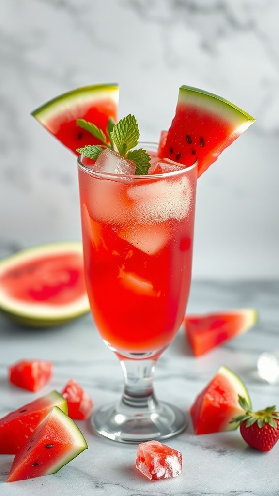 A refreshing watermelon mocktail garnished with mint leaves and watermelon slices.