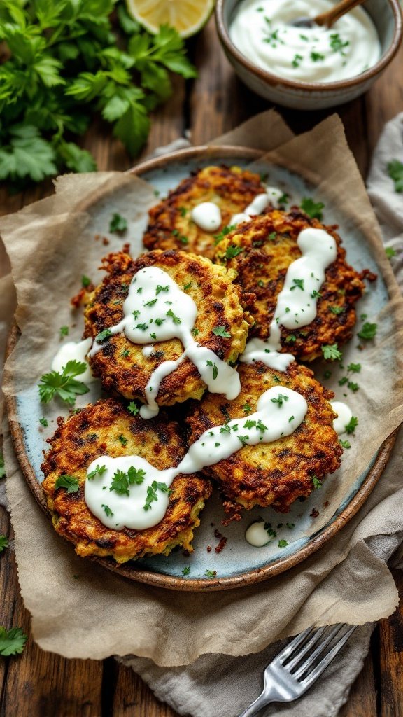 Zucchini fritters drizzled with tzatziki sauce, garnished with cilantro.